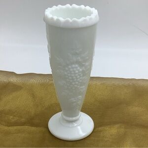 Vintage Milk Glass 6 1/2” Footed Vase with Grapes
